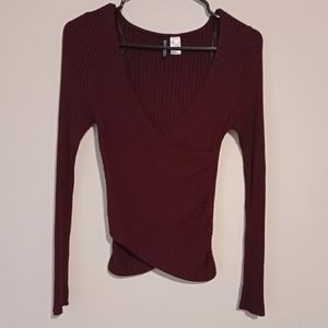 Sexy long sleeves rib knit V-neck surplice sweater size S stretch